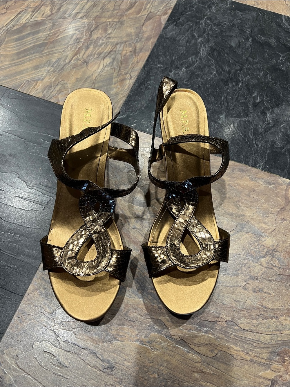 Metallic Brown Snake-Effect Ankle-Strap Women's Heels Size 10